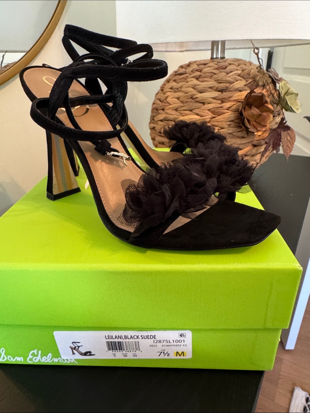 Sam Edelman Black Suede Floral-Strap Block Heel Sandal